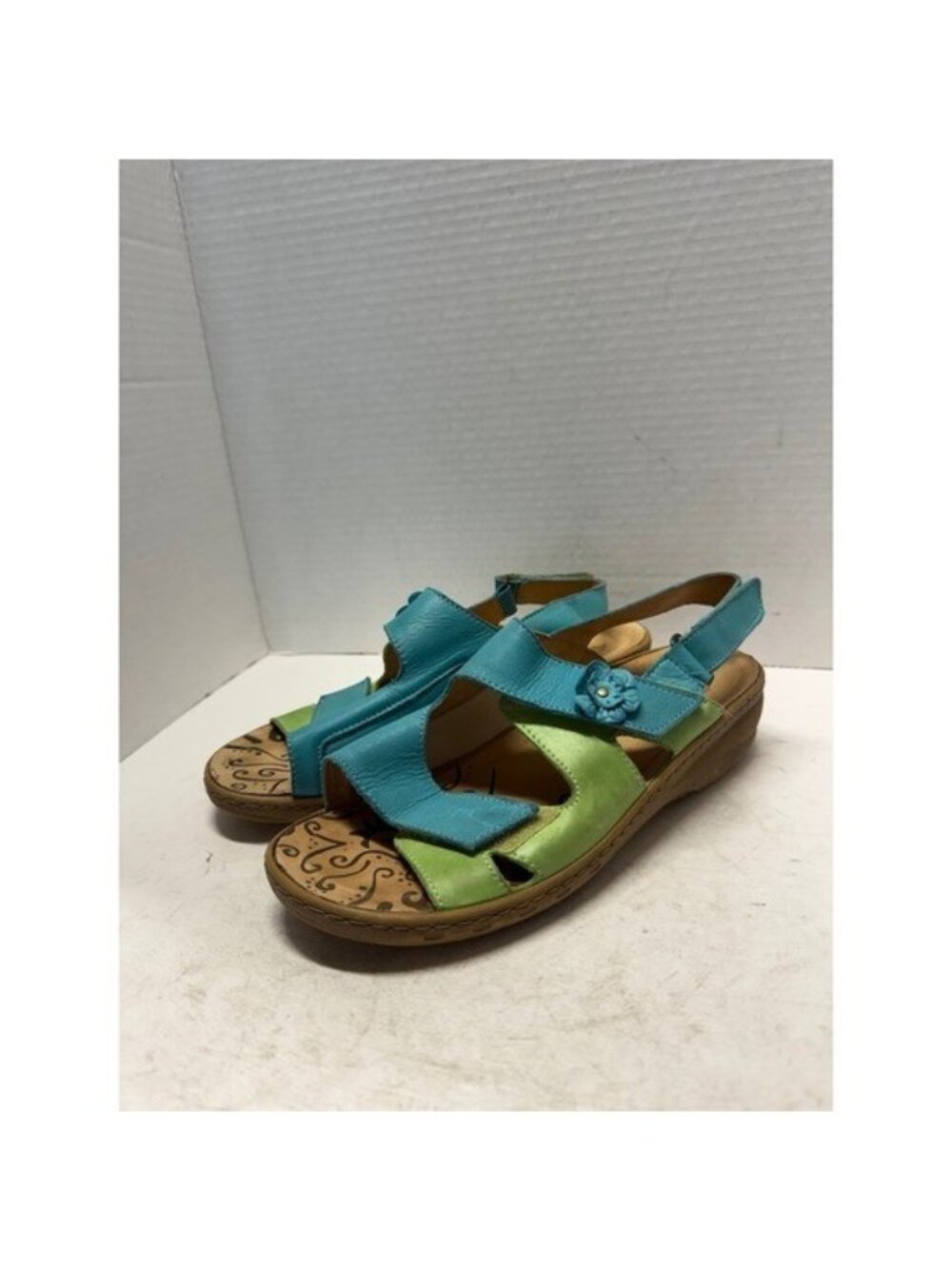 Pikolinos Teal Lime Green Leather Flower Slingback Comfort Sandals Spain 39 8.5